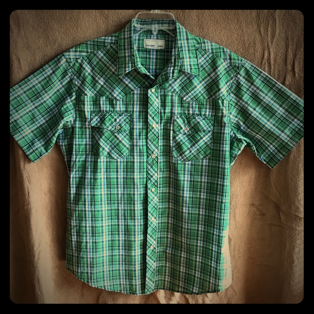 Wrangler Plaid Pearl Button Down SS Green Blue